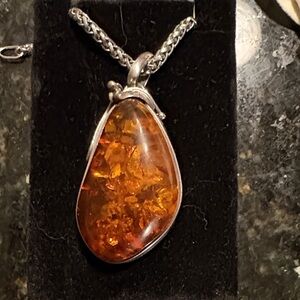 Amber Teardrop Pendant Necklace with Silver Chain 925 Sterling